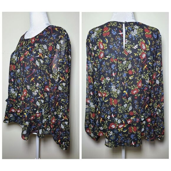 NWT|Madewell Sheer Sleeve Ruffle Peplum Floral Long Sleeve Top, MEDIUM - Picture 7 of 12